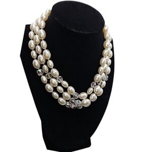 Vintage Triple Strand Faux Pearl AB Crystal Beaded Necklace Marked‎ Japan